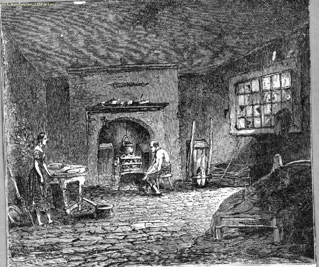 Interior of cellar dwelling in Manchester, showing apparent high ceiling and abundance of furniture